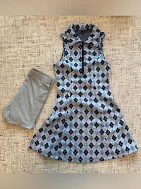 white and blue argyle tennis/golf dress with matching shorts